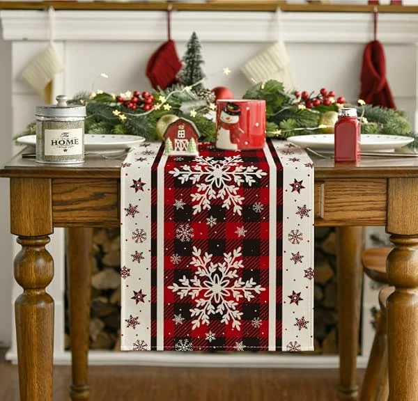 Camino de mesa de Navidad con copos de nieve a cuadros, decoración de mesa de comedor de invierno para decoración del hogar, fiesta, 33 x 183 cm — Adviento y mesa