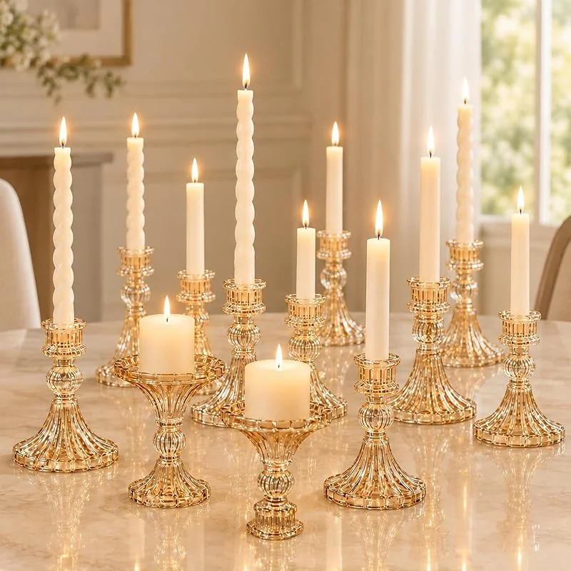LUPATDY 6 portavelas de cristal, dorados para candelabros, candelabros de cristal a rayas, 10 cm de alto, para decoración de mesa para bodas, festivales, cenas, rayas — Cena a la luz de velas