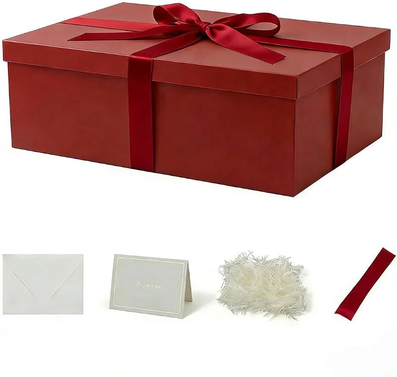 KdmNzoo Caja de regalo rojo con tapa 31.5 x 21.5 x 11 cm, Cajas de Regalo Premium con Tapa y Cinta para Regalos de San Valentín, Navidad Incluye Papel seda triturado Tarjetas sobre — Envoltorio regalo