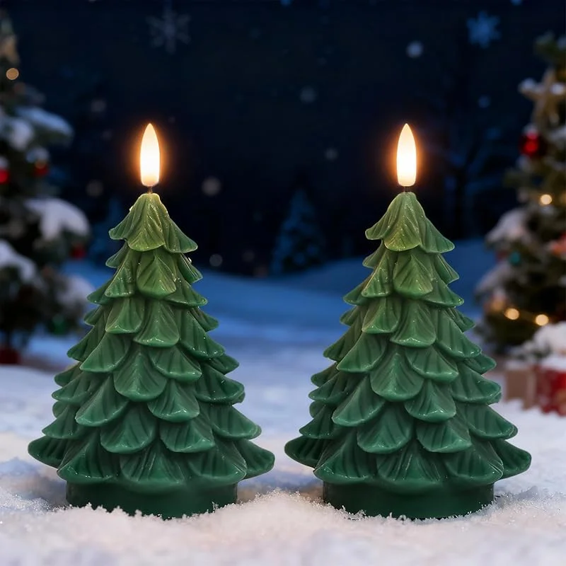 Eldnacele Velas navideñas sin llama con temporizador de 6 horas, velas falsas LED parpadeantes de cera real, funcionan con pilas, forma de árbol para decoración y decoración del hogar — Cena a la luz de velas