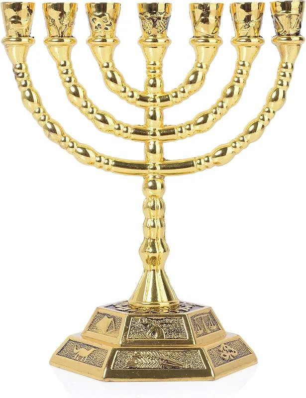 Visita la tienda de BRTAGG BRTAGG Menorah 7 Ramas, 12 tribus de Israel, candelabro judío con Base Hexagonal (13 cm, Oro) — Cena a la luz de velas