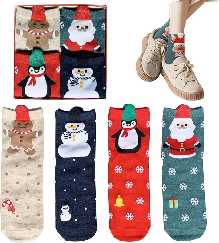 KOIROI 4 pares de calcetines de Navidad, calcetines de Navidad, calcetines para hombre y mujer, calcetines de Navidad, calcetines cálidos de algodón de Navidad, coloridos calcetines divertidos — Decoracion Navidad