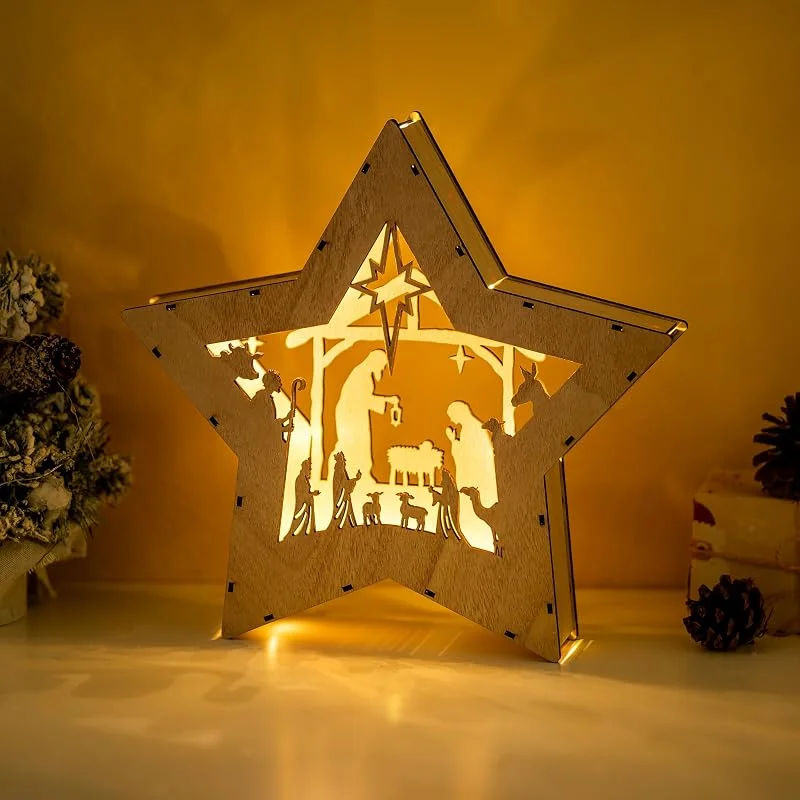 Visita la tienda de Nuptio Nuptio Belén de Navidad de Madera con Iluminación: con Temporizador 30cm Decoración Estrella LED Belén de Navidad Interior Alféizar de la Ventana Moderno Pequeño Belenes Figuras — Decoracion Navidad