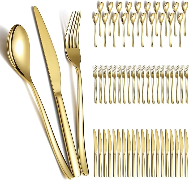 Visita la tienda de Berglander Berglander Juego de cubiertos de boda de oro 60 piezas para 20 de acero inoxidable chapado en titanio, juego de cuchillos de horquillas de cucharas de oro para el hogar, boda, restaurante — Adviento y mesa