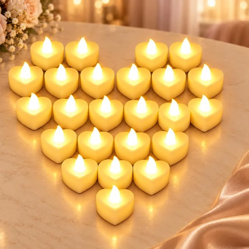 EHIOG 24 Velas LED Sin Llama en Forma de Corazón, Funcionan con Pilas, Luces de Ambiente Romántico para Decoración del Hogar, San Valentín, Aniversario, Boda y Cumpleaños — Cena a la luz de velas