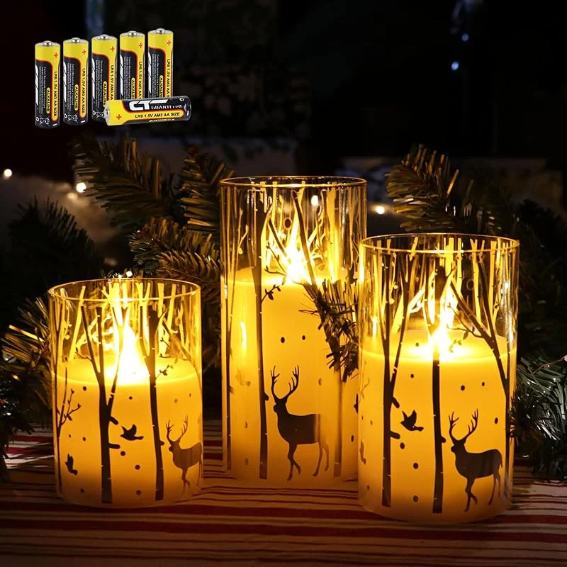 Visita la tienda de Rhytsing Rhytsing 3 Velas blancas led de Cristal con Mando para Navidad, Velas a Pilas con Temporizador Decorativas Diseño de Reno, Altura 10cm, 12, 5cm, 15cm (Reno) — Luces Navidad