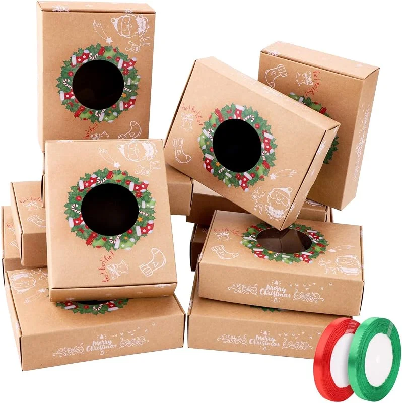 Frgasgds 12 cajas de regalo navidad, cajas papel caramelo juego decorativa cajas de dulces y 2 rollos de cinta, pasteles, galletas, dulces, Cupcakes, Candy y hecho a mano bebé de cajas de regalo para Navidad — Envoltorio regalo