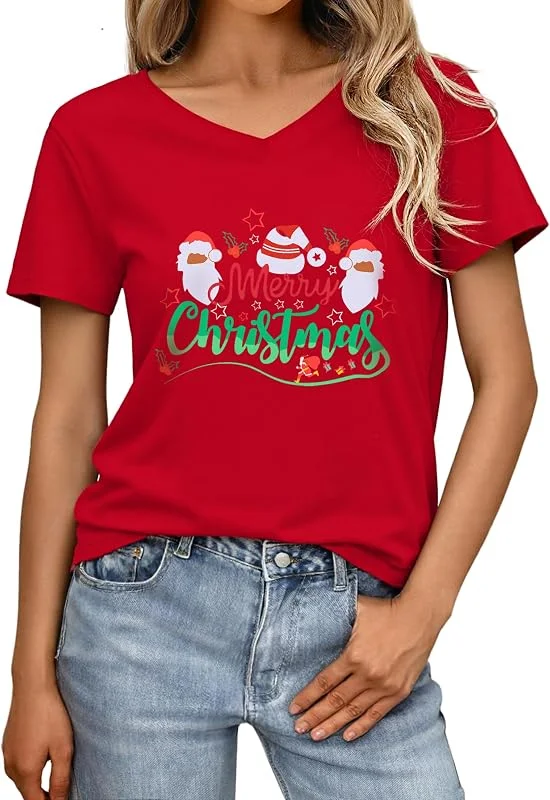 Visita la tienda de Crewhpo Camisetas Navidad Mujer Manga Corta Cuello en V Estampado Xmas — Ropa Navidad