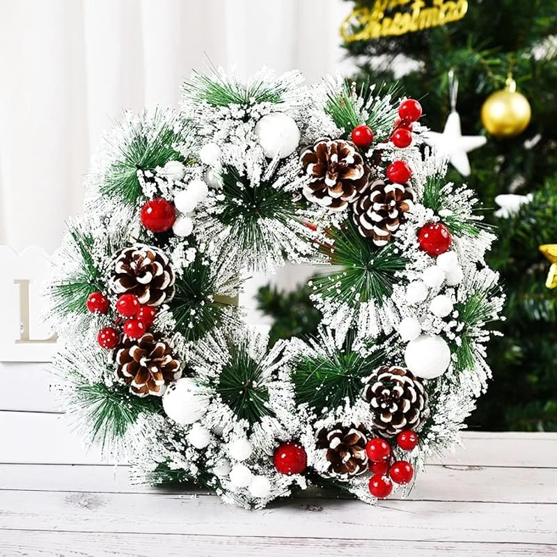 LATERN 30CM Corona Navideña, Guirnalda Navideña Artificial para Puerta Corona Navideña de Pino con Piñas Frutos Rojos Nieve Copos Nieve Bolas para Puerta Pared Chimenea Ventana Navidad Decoración — Decoracion Navidad