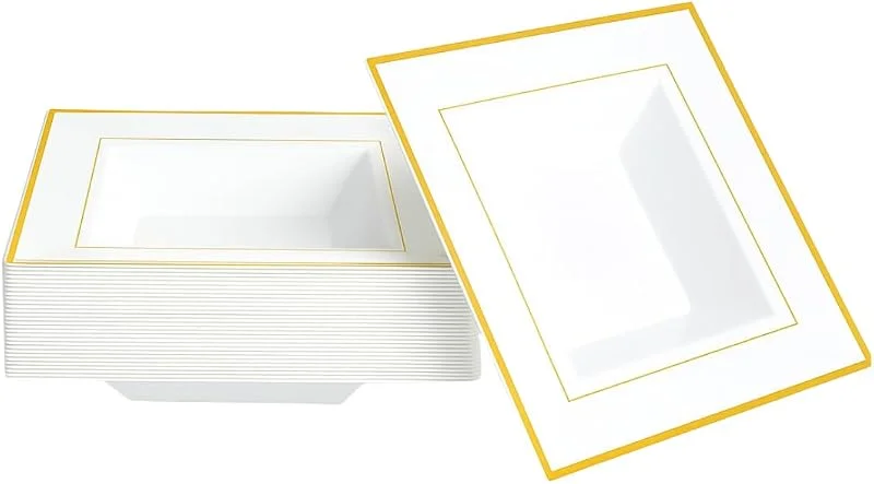 Visita la tienda de MATANA MATANA 20 Cuencos Cuadrados Blancos de Plástico con Borde Dorado, 360ml - Cuencso de Postre Sólidos y Reutilizables - Cuencos Sopa, Platos Hondos para Bodas, Cumpleaños, Fiestas — Adviento y mesa