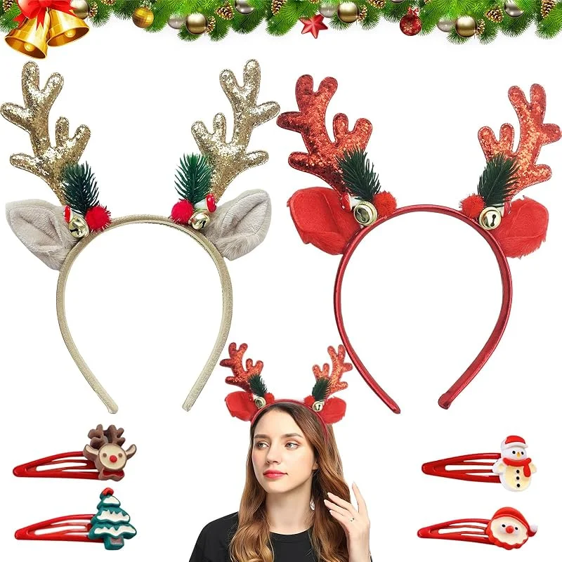 SOETDERT Diadema de Navidad, 2 unidades, diseño de cuernos de reno con purpurina, color rojo, accesorio para el pelo para adultos y niños, decoración de fiesta de Navidad — Ropa Navidad