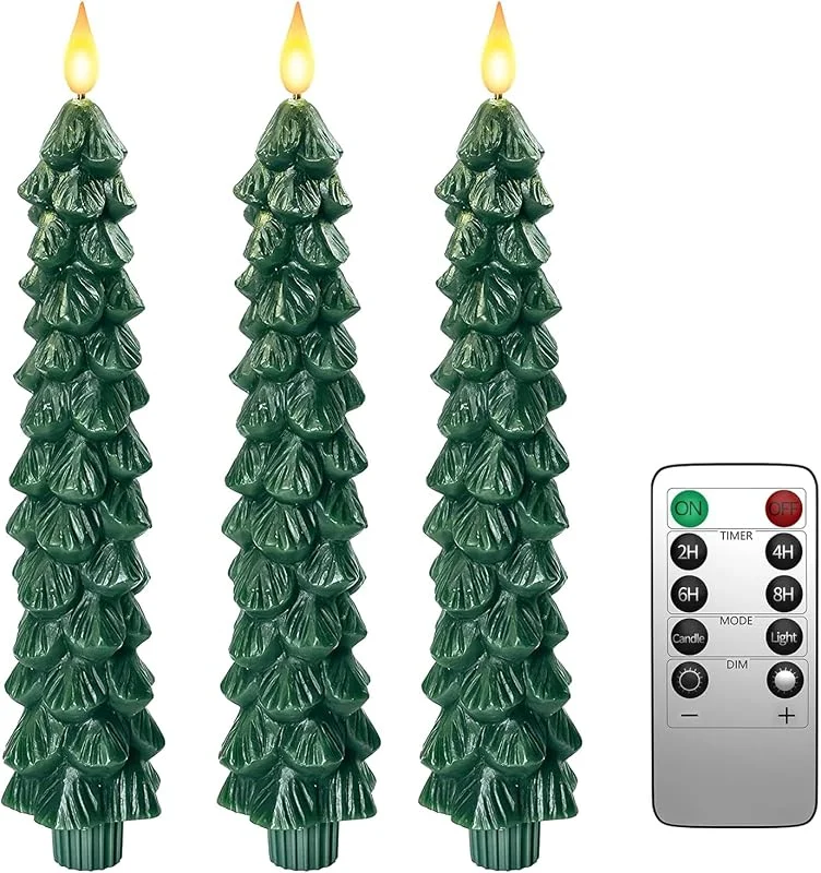 Visita la tienda de PChero PChero Velas LED en forma de árbol de Navidad, 3 velas de Navidad que funcionan con pilas, velas parpadeantes de cera real sin llama para decoración del hogar, festival, chimenea, amarillo cálido — Luces Navidad