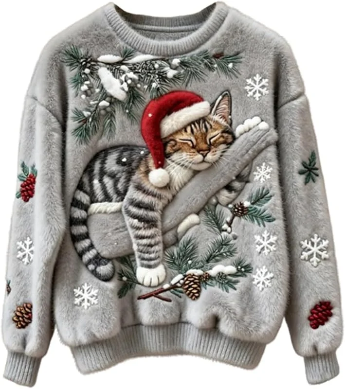 Genérico Suéter de Navidad para Mujer, Divertido y Lindo con Estampado de Gato y Perro, Sudadera de Franela de Forro Polar de Gran tamaño, suéter Acogedor para Vacaciones Comodidad — Ropa Navidad