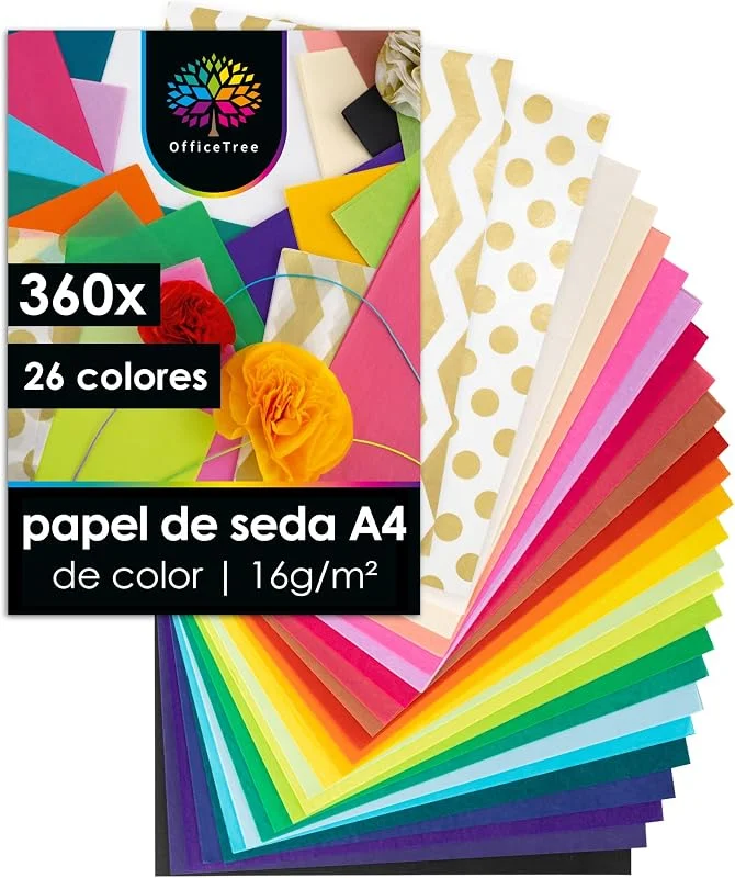 Visita la tienda de OfficeTree OfficeTree 360x Papel de Seda Colores A4 16 g, m² - 26 Colores - Papel de Seda Manualidades Embalajes y Decoraciones - Papel Seda Colores ideal para Proyectos Creativos - Papel Cebolla Colores — Envoltorio regalo