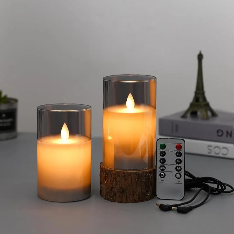 Lonkenn Pack de 2 Recargable Velas LED, Funciona con Pilas Velas con Gris Vidrio Efecto, USB Vela con Temporizador y Mando a Distancia, Para Navidad, Pascua, Fiestas, Bodas, Cumpleaño, 10cm — Cena a la luz de velas