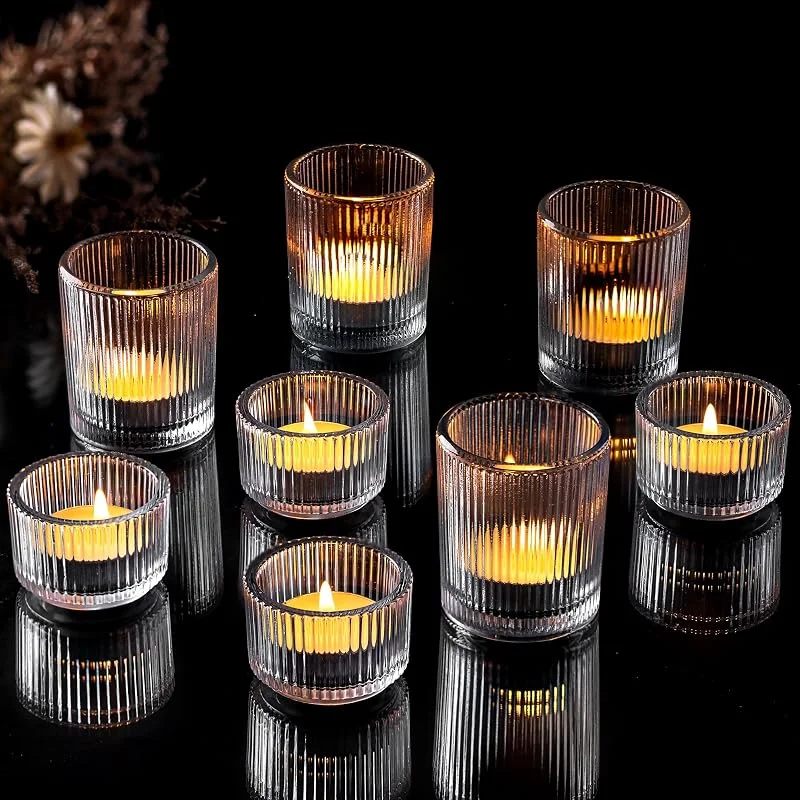 Hewory Portavelas de cristal: 8 portavelas de té, portavelas transparentes para centro de mesa, portavelas de té, soporte de cristal para boda, fiesta, sala de estar, decoración del hogar — Cena a la luz de velas