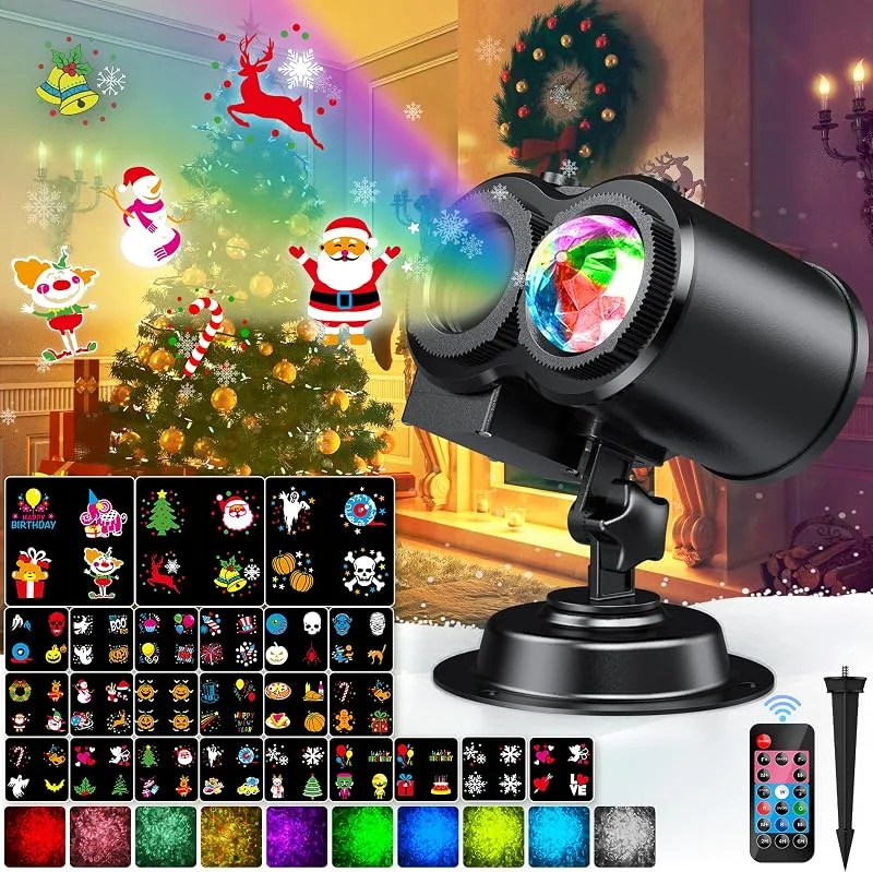 YAZEKY Proyector Navidad Exterior Interior, 24 Diapositivas Luces de Exterior 2-en-1 con 10 Colores Efecto Onda de Agua, Proyector Copo de Nieve Decoración para Navidad, Fiesta, Año Nuevo — Luces Navidad