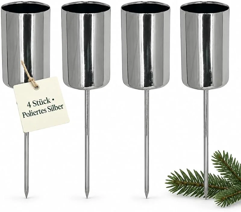 MIJOMA 4 soportes para velas de Adviento con mandril de metal, para la corona de Adviento perfecta y arreglo de Adviento para Navidad (plata, diámetro 2, 5 cm – 9 cm) — Adviento y mesa
