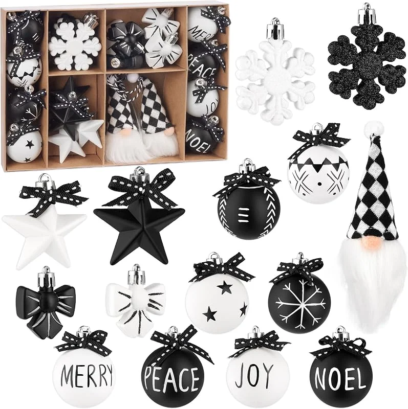 Visita la tienda de BRUBAKER BRUBAKER 24 Piezas Adornos de Navidad Blanco y Negro - Set de Bolas de Navidad con Duendecillos, Copos de Nieve, Bolas de Navidad con los Textos Merry, Peace, Joy y Noel, y lazos negros - Blanco Negro — Decoracion Navidad