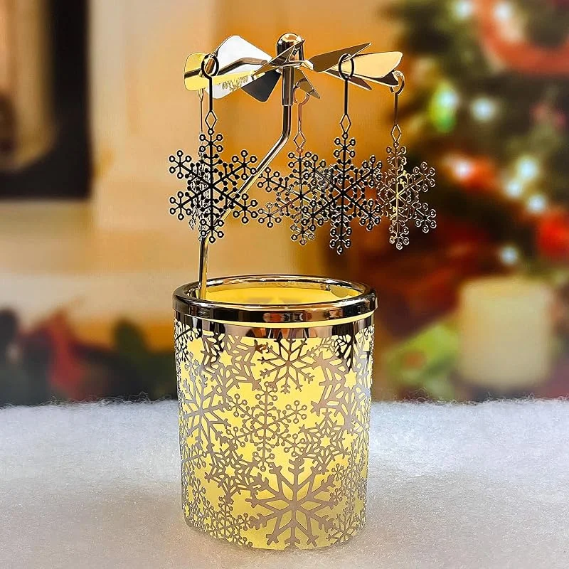 LaJao Carrusel Giratorio para Velas de té, portavelas Giratorio, decoración de Navidad para centros de Mesa, Regalo para mamá, Mujeres, Esposa, cumpleaños, 6 ¼ Pulgadas de Alto (Copo de Nieve) — Cena a la luz de velas