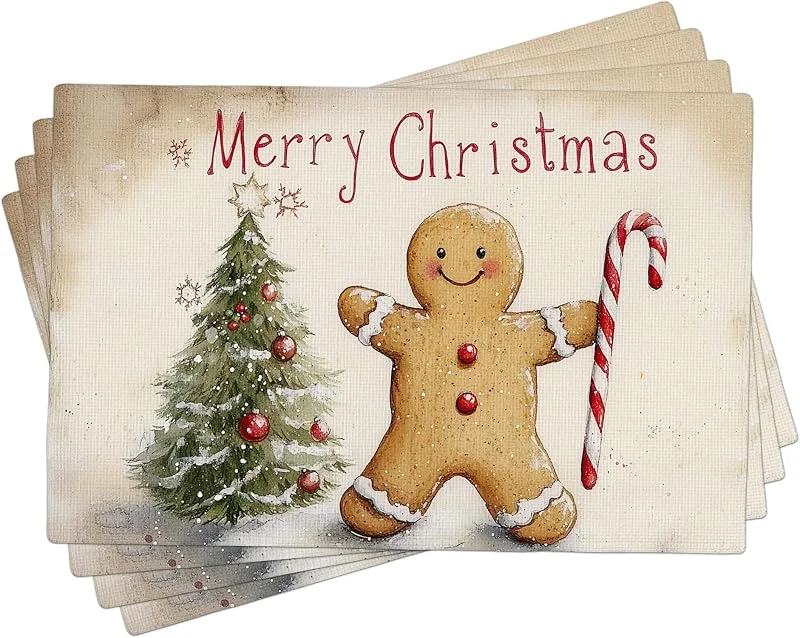 Generic Juego de 4 manteles individuales de pan de jengibre de Navidad, manteles individuales de color marrón festivo para cenas de invierno, lavables para interiores y exteriores, decoración de Navidad, 45, 7 — Hogar y cocina