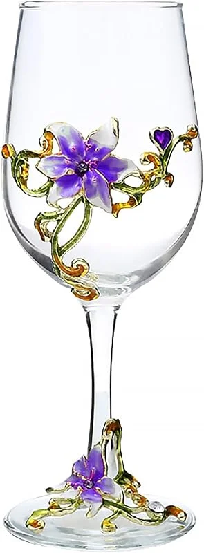 XUDREZ Copa de vino esmaltada hecha a mano con diseño de flores esmaltadas, regalos de cumpleaños para mujeres, madres, amigas, día de la madre, sin plomo (lirio morado) — Vino y mesa festiva