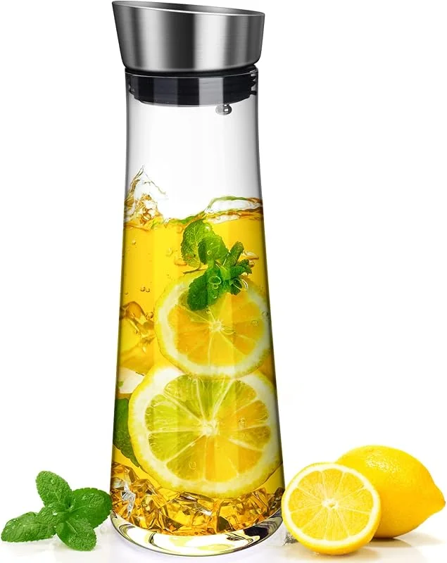Csuntikulo Jarra de vidrio de 1 litro con tapa de acero inoxidable, resistente a los borosilicatos para agua, leche, jugo y limonada — Vino y mesa festiva