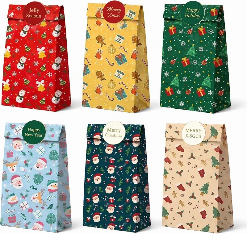 Yuknees Bolsas Regalo Navidad, 24 Piezas Sacos Natal Colorido, Pequeñas Bolsas de Papel Navidad con 24 Pegatinas, Bolsitas Navidad Festivo para Decoración Fiestas, chuches, dulces (Multicolored) — Envoltorio regalo