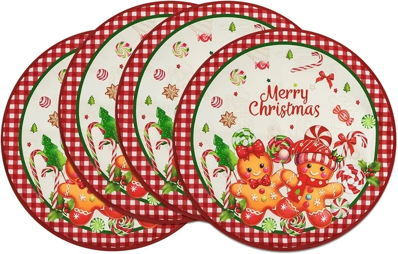 Visita la tienda de Arquiel Juego de 4 Manteles Individuales de Navidad, Pan de Jengibre Redondo Salvamanteles Individuales Cocina Lavables de Esteras Doble Capa Resistentes al Calor Antideslizante Decoración 36x36CM — Hogar y cocina