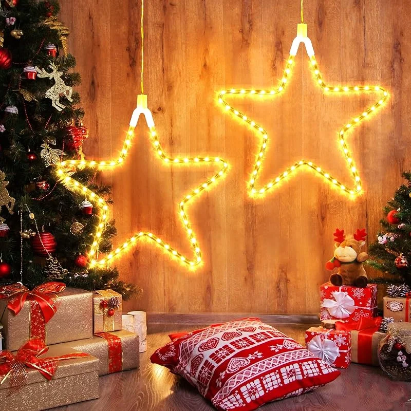 BrizLabs Luces Navideñas de Estrellas, 2 Pack 60 LED Ventana Decoración Navidad Luces Hadas de Estrella de Batería Exterior para Navidad Habitación Interior Balcón Boda Fiesta, Blanco Cálido — Decoracion Navidad