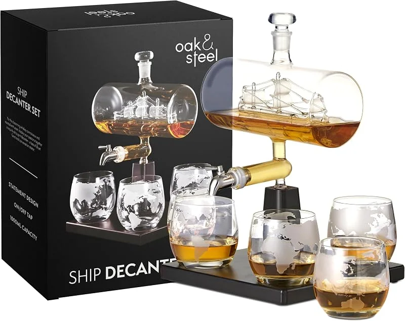 Visita la tienda de OS Oak & Steel ENGLAND Oak & Steel - Juego Decantador De Whisky mas Set de 4 Vasos - Decantador Aireador para Bebidas Espirituosas Ideal para Ocasiones Especiales - Capacidad de 1000 ml — Vino y mesa festiva