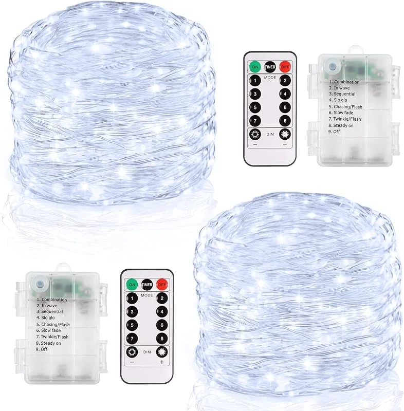 CCILAND Luces decorativas a pilas, paquete de 2, 6 m, 60 LED parpadeantes con temporizador remoto, mini luces decorativas para dormitorio y árbol de Navidad (blanco frío) — Luces Navidad