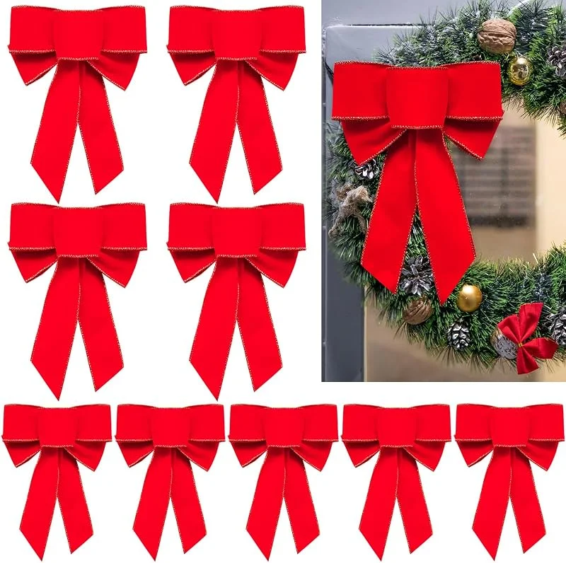 Yanmucy 10 Lazos Grandes de Navidad de Terciopelo Rojo con Borde Dorado con Purpurina, Lazos de Navidad para Exteriores, Decoraciones de Navidad para Coronas de Puerta de árbol de Navidad, de 9.5 x 7 — Decoracion Navidad