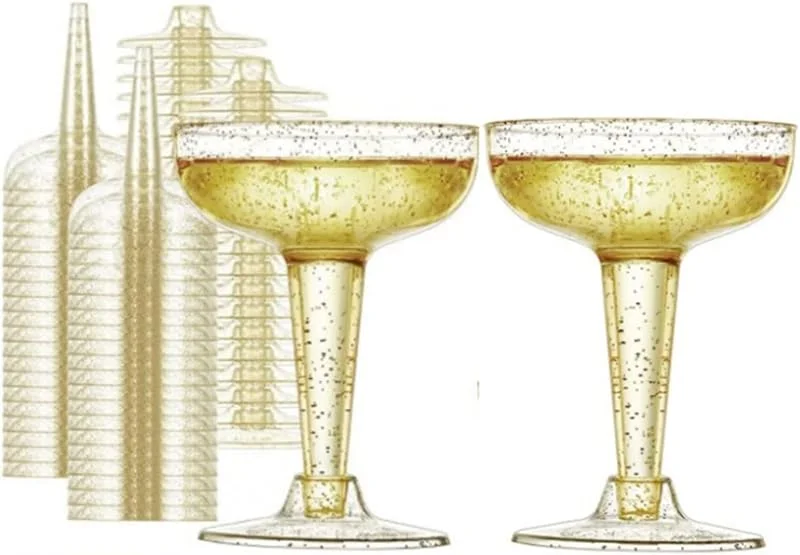 TSLBW 20 copas de champán transparentes de 5 onzas, copas de champán de plástico con purpurina, reutilizables, copas de vino para fiesta, copas de vino de cristal para jardín, boda, cumpleaños — Vino y mesa festiva