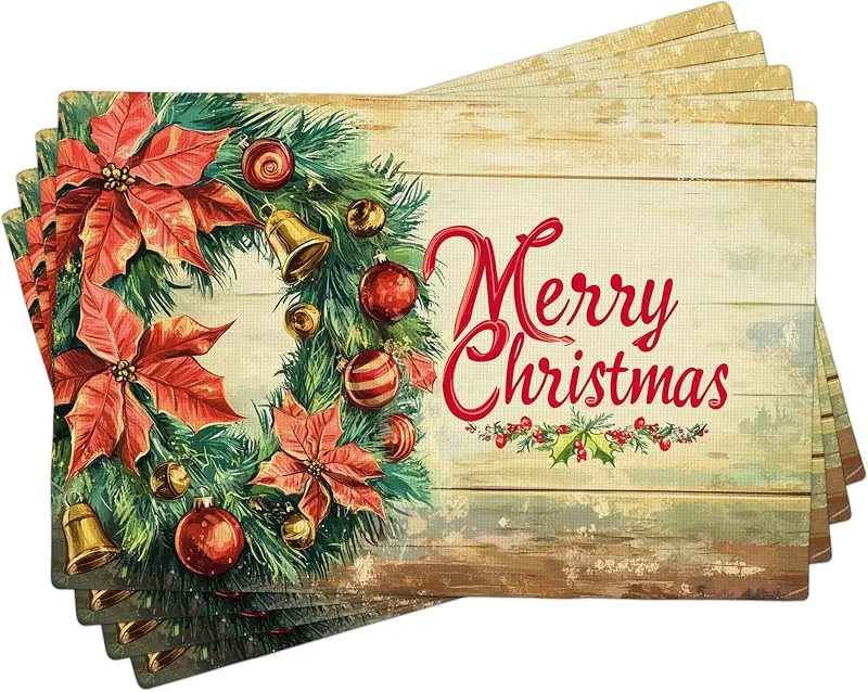 Generic Juego de 4 manteles individuales de corona de Navidad, manteles decorativos rojos para mesa de comedor de invierno, lavables, para interiores y exteriores, vajilla de Navidad de 18 x 12 pulgadas — Hogar y cocina