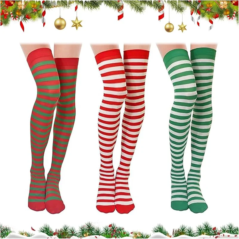 IHLOOTD Medias Elfo Niña Mujer 3 Pares Medias de Duende Navidad Leotardos Medias Rayas Rojo Blanco Verde Calcetines Mujer Altos Juegos de Rol, Reuniones Familiares, Celebraciones Navideñas — Ropa Navidad
