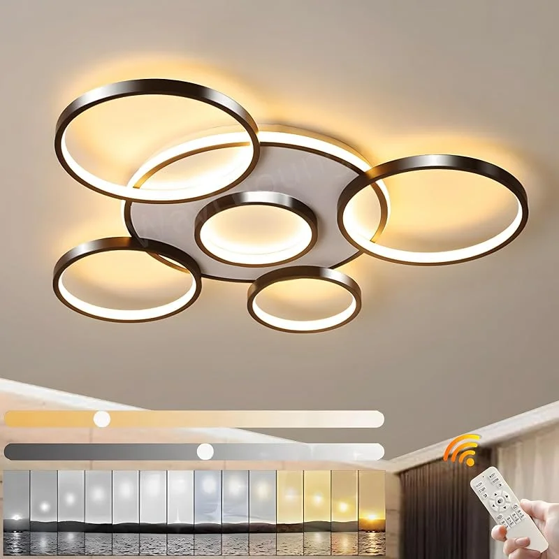WayLuoung Luz De Techo LED, Lámpara De Techo Moderna De 6 Anillos Para Sala De, Círculo Redondo Negra 86W, Ø85cm, 2700K-6500K Regulable Con Mando A Distancia, Lámpara De Techo Interior Para Restaurante — Cena a la luz de velas