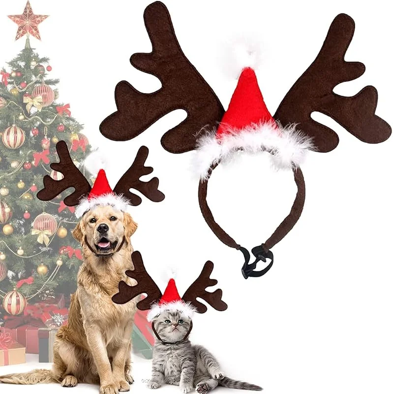QUOHE Diadema Navideña para Mascotas, Perro Gato Cuernos de Reno Disfraz de Navidad Elk Headwear Tocado Ajustable Diadema de Astas con Gorro de Papá Noel, Disfraz para Perros Gatos 1 Pcs — Ropa Navidad