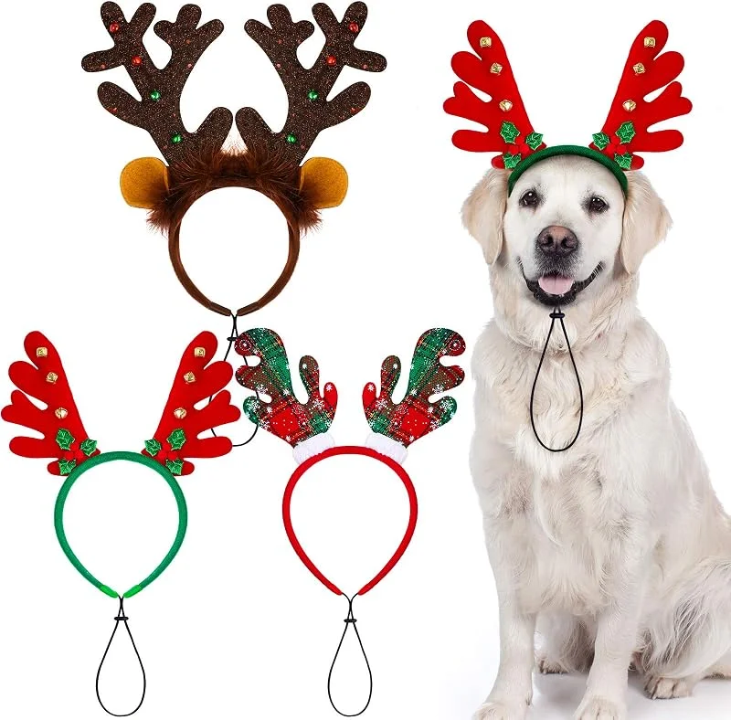 ANECO Paquete de 3 Diademas de Reno de Navidad para Cachorros, Cuernos de Navidad, Accesorio de Disfraz para Mascotas — Ropa Navidad
