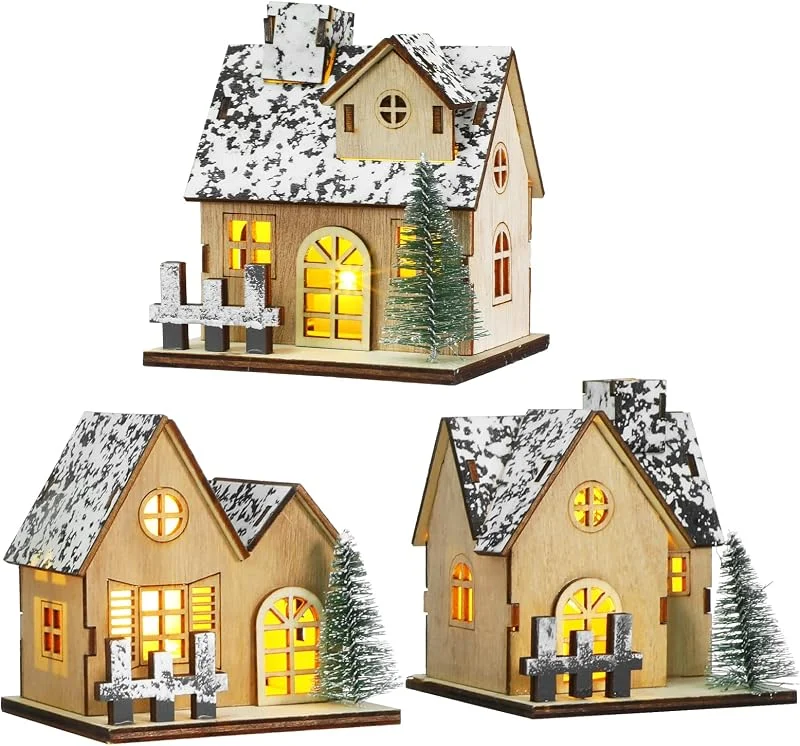 BESPORTBLE Juego de 3 casas de Navidad de madera con iluminación LED, decoración de Navidad hecha a mano, colección de pueblo navideño, decoración de edificios — Decoracion Navidad