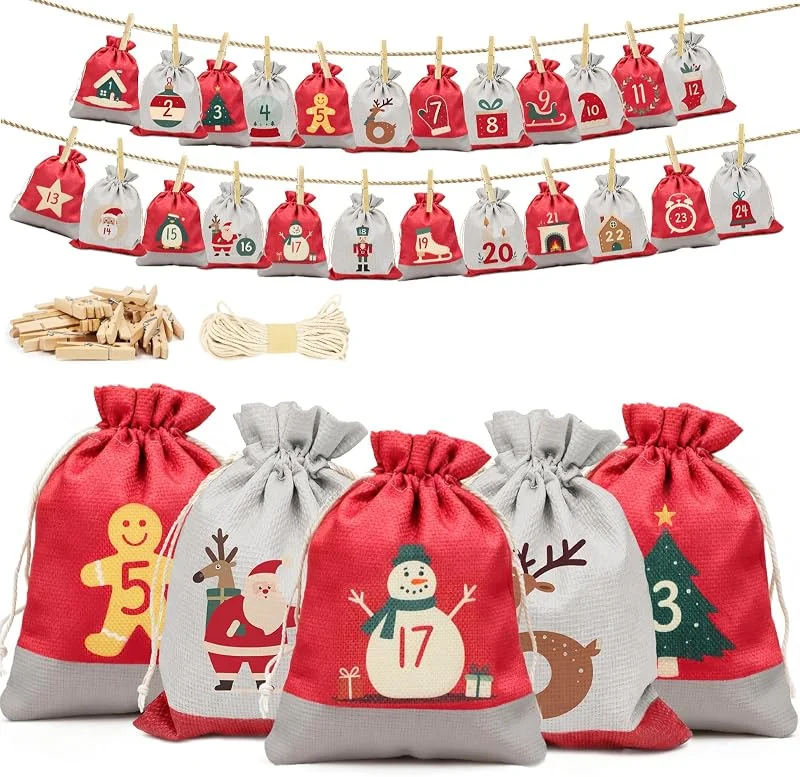 Visita la tienda de inreeme Calendario de Adviento de Tela para Rellenar- 18x13 cm Bolsas de Adviento para Autorrellenar 2026, 24 Piezas DIY Bolsas de Yute Reutilizables Calendario Navideño para Niños Niñas Adultos — Adviento y mesa