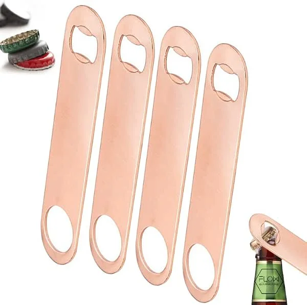 FLOW Barware Hoja de barra, abridor de botellas de cobre de 18 cm, abrebotellas de corona resistente, abridor de botellas profesional de doble versión, 4 unidades de cobre — Vino y mesa festiva