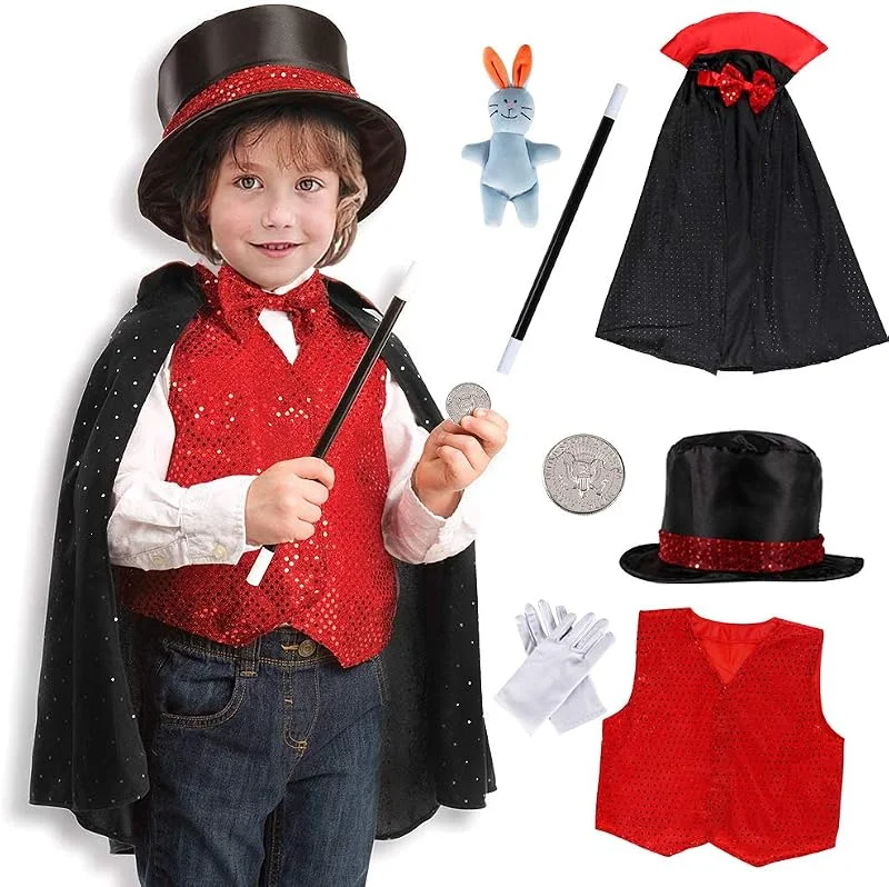 Visita la tienda de Tacobear Tacobear Mago Disfraz para niños Accesorios Capa Gorro Varita Guantes Disfraz de rol para Carnaval Halloween Navidad 9 Piezas (M) — Ropa Navidad