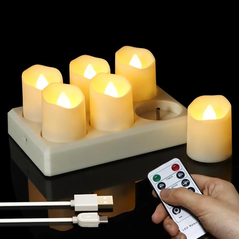 Visita la tienda de FREEPOWER FREEPOWER 6 velas de Té LED recargables USB con estación de carga, velas eléctricas con mando a distancia, temporizador, intensidad regulable, blanco cálido, decoración navideña, diámetro 4 x 4.5cm — Cena a la luz de velas