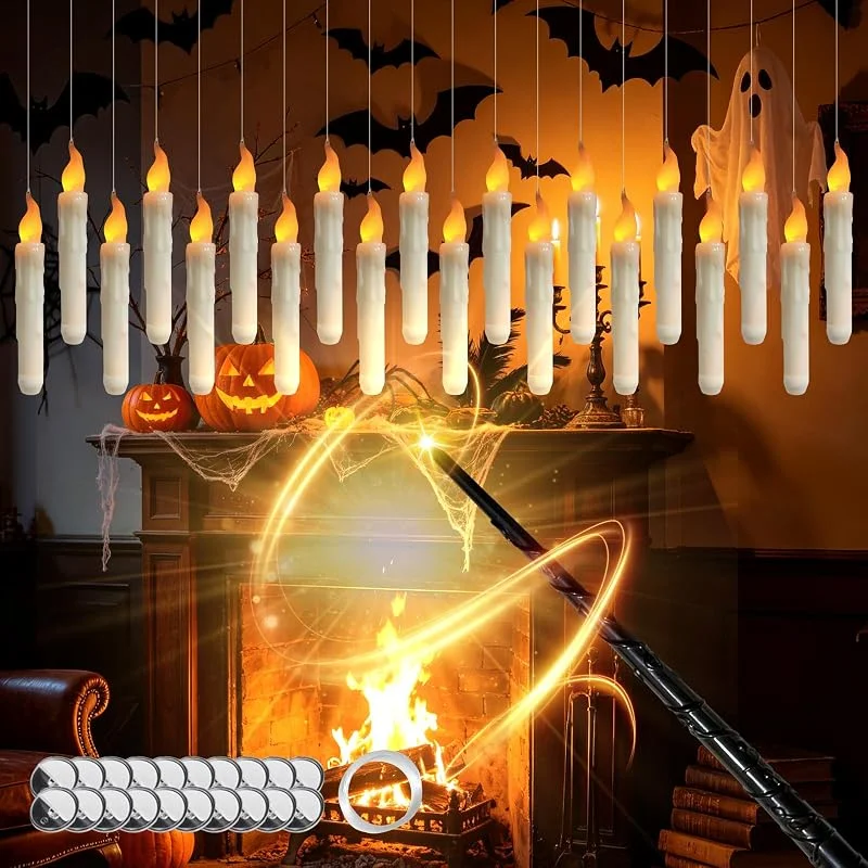 Shinybox 20 Piezas de Velas Flotantes LED con Varita Mágica Mando a Distancia, Funciones de Temporizador, Velas Cónicas Parpadeantes para Halloween, Navidad Decoración — Luces Navidad
