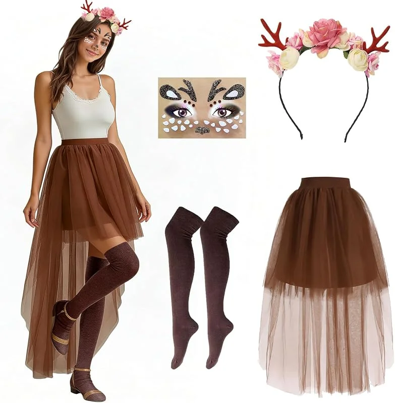 GOUYENG Disfraz Reno Mujer, 4 Piezas Traje Disfraz Navidad de Ciervo Falda de Tul, Falda Tul Ciervo, Diadema Navideña De Reno, Accesorios Disfrazs Animales, para Halloween, Carnaval, Fiesta de Disfraces — Ropa Navidad