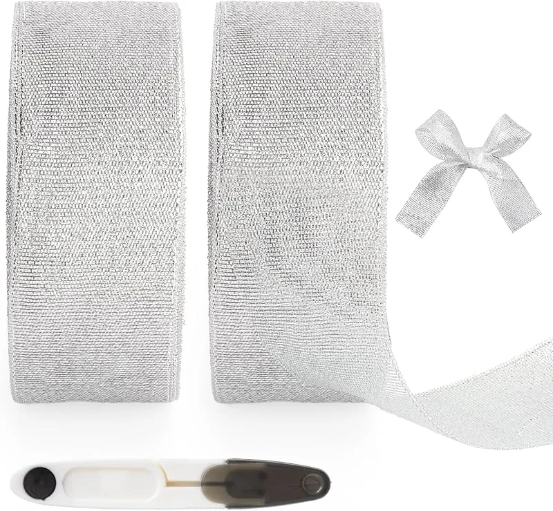 XRVRILE Cinta de Organza Plateada 40 mm, 44 Metros Cinta de Navida, Cinta de Regalo Purpurina para el embalaje de regalos, Artesanías, Lazos, Ramos, Decoración de Bodas y Navidad (22 m, rollo) — Envoltorio regalo