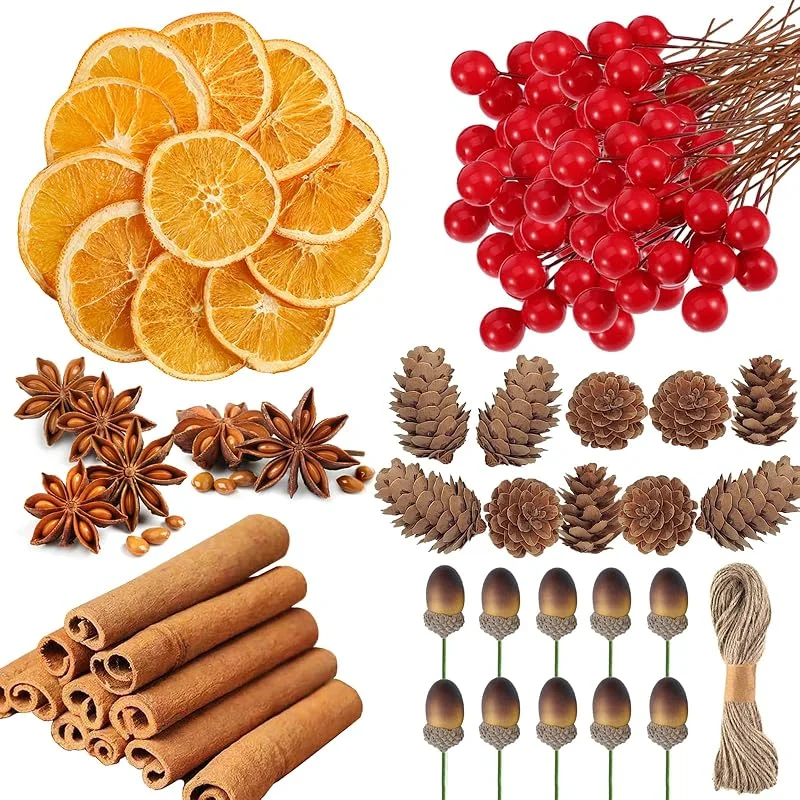 YUNSTK 255 coronas de Adviento decorativas navideñas, corona de Navidad, decoración navideña con piñas de pino, varillas de canela, rodajas de naranja secas, anís estrellado, bayas artificiales, bellota — Adviento y mesa