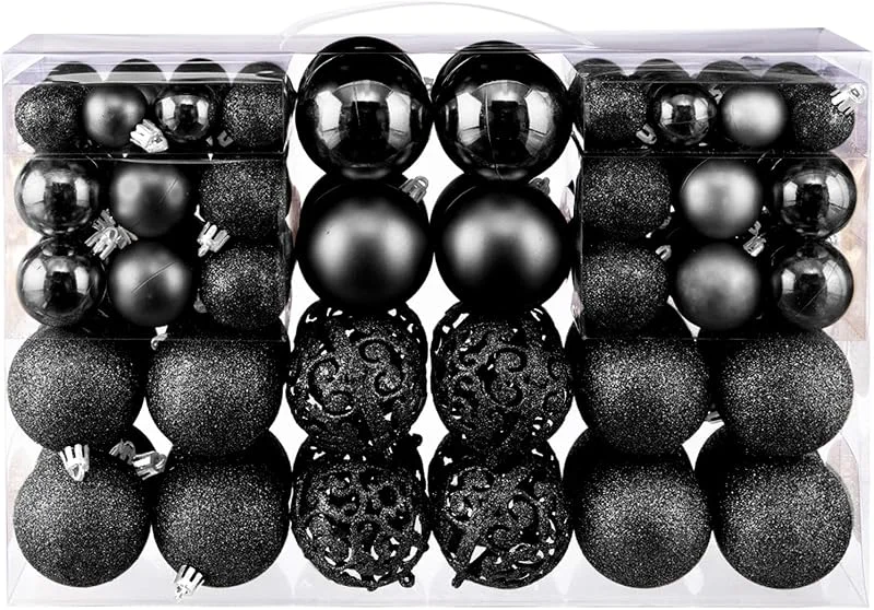 Taeku Bolas de Navidad Set, 100Pcs Adornos Variados Transparentes Bolas de Navidad Decoraciones Ornamentales con Ganchos para Fiestas Bodas Festivales (Negro) — Decoracion Navidad