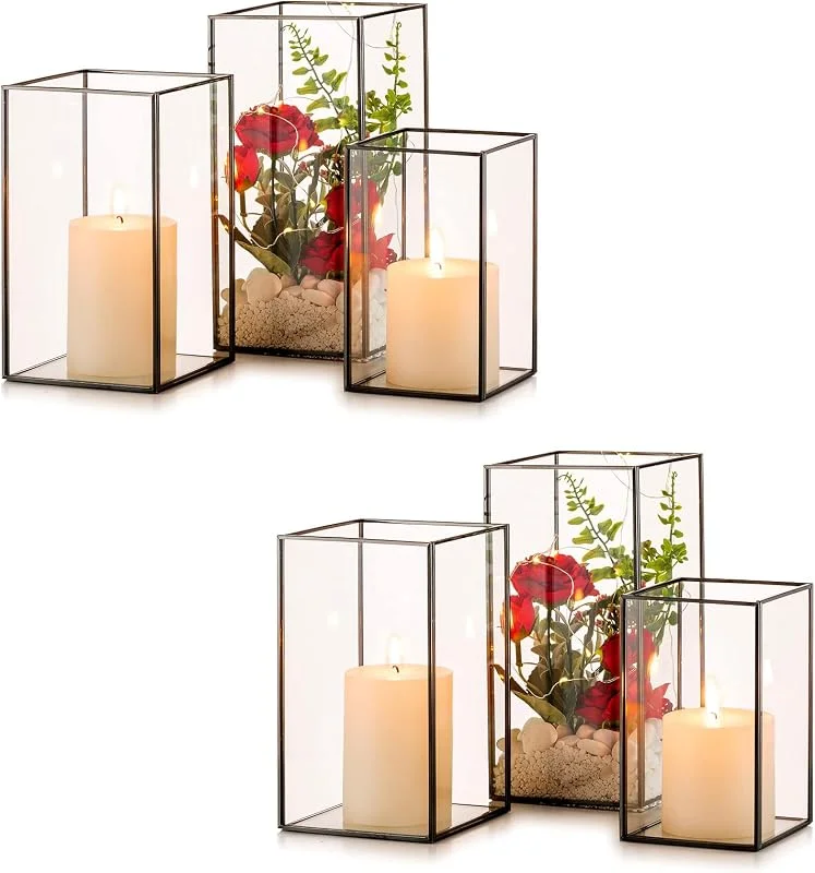 Visita la tienda de Nuptio Nuptio Portavelas de Vidrio Huracán: 6 Piezas de Portavelas Transparentes Pilar, Linternas Negras Decorativas Interior para Mantel de Navidad Centro Mesa Salón Comedor Decoraciones Fiesta Boda — Cena a la luz de velas